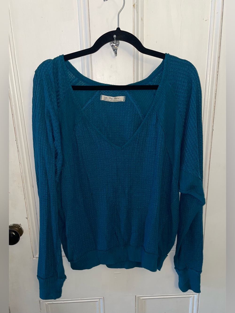 We The Free Teal Waffle Knit Long Sleeve Top XS Oversized Boho